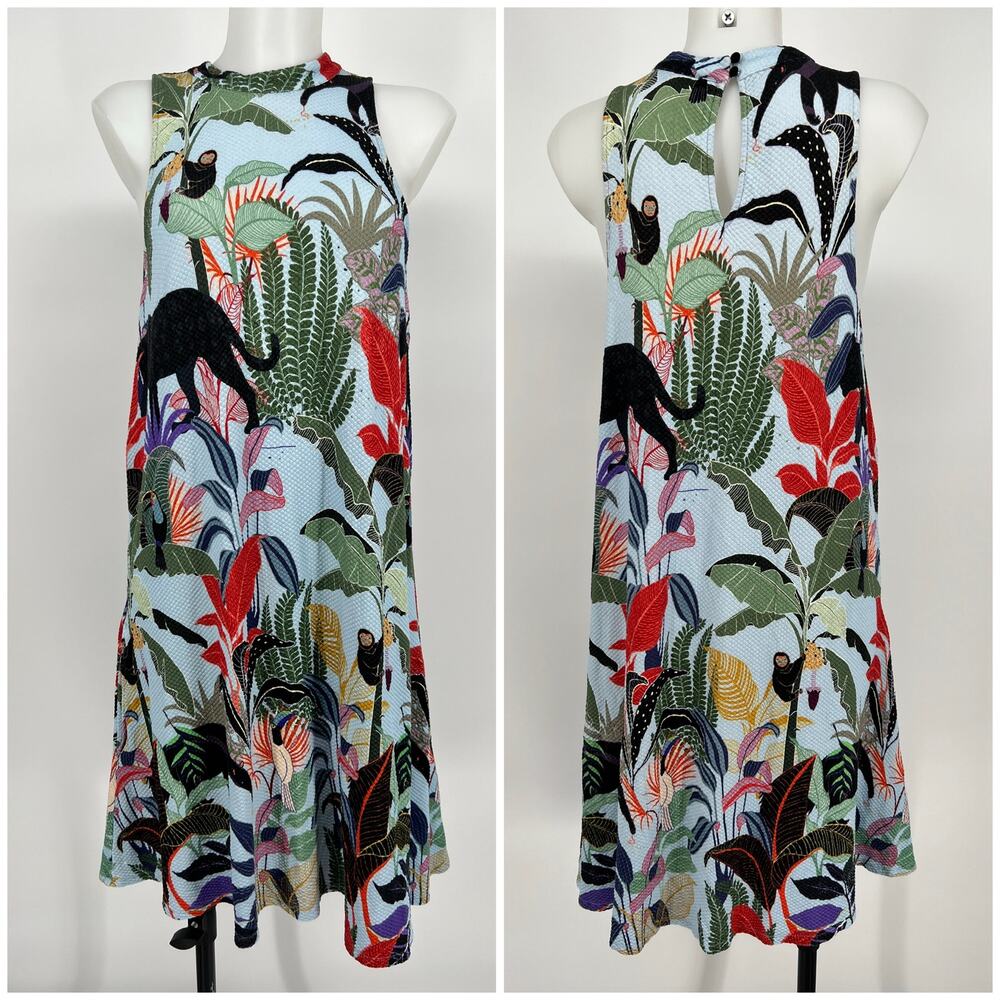 FARM Rio Tropical Halter Mini Dress XL Jungle Print Pockets Monkey Toucan Anthro